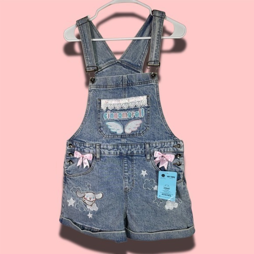 Hot Topic Sanrio Cinnamoroll Ribbon Embroidered Denim Shortalls Overalls Kawaii